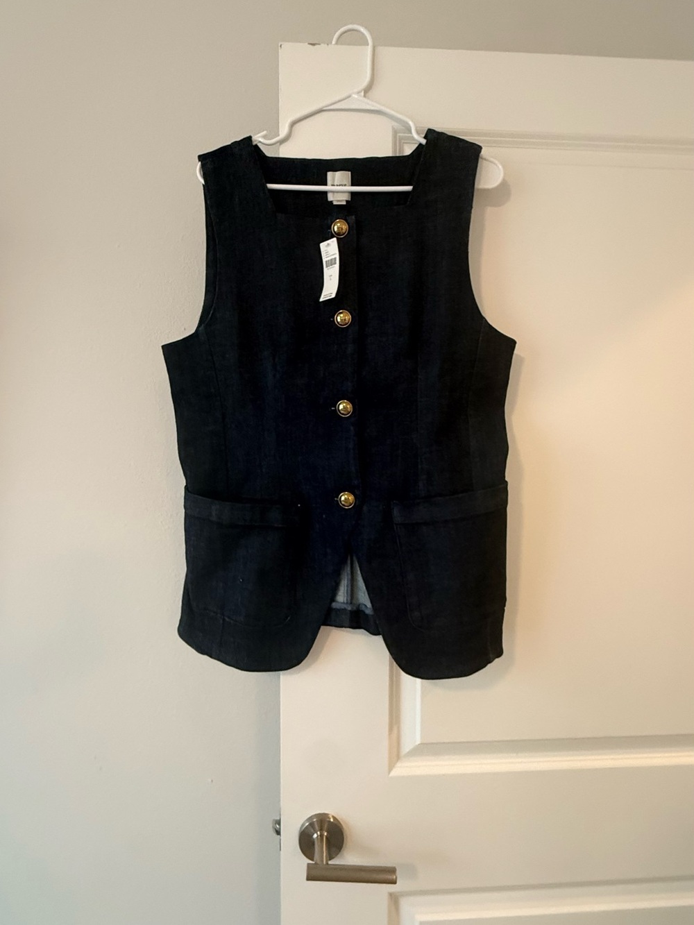Maeve Navy Denim-Style Sleeveless Vest with Gold-Tone Button Detail - Picture 6 of 11